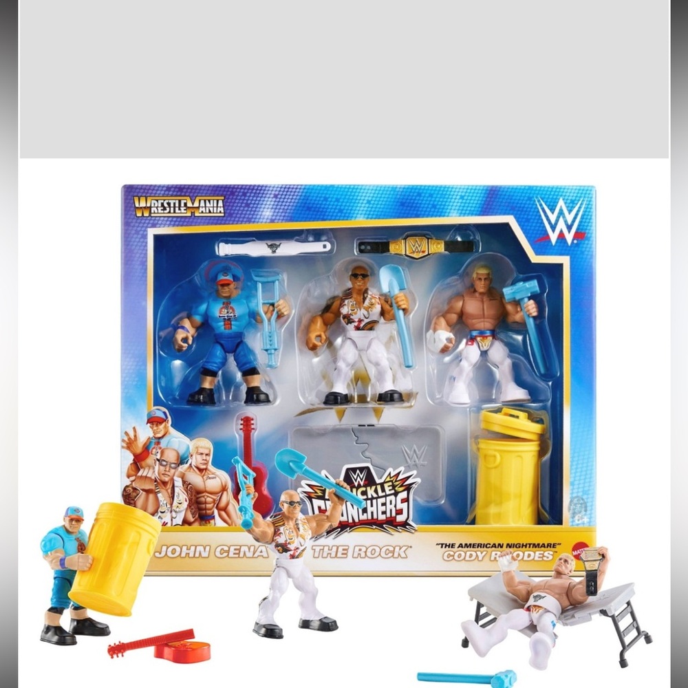 WWE Knuckle Crunchers Wrestlemania Set Cody Rhodes John Cena & The Rock figures